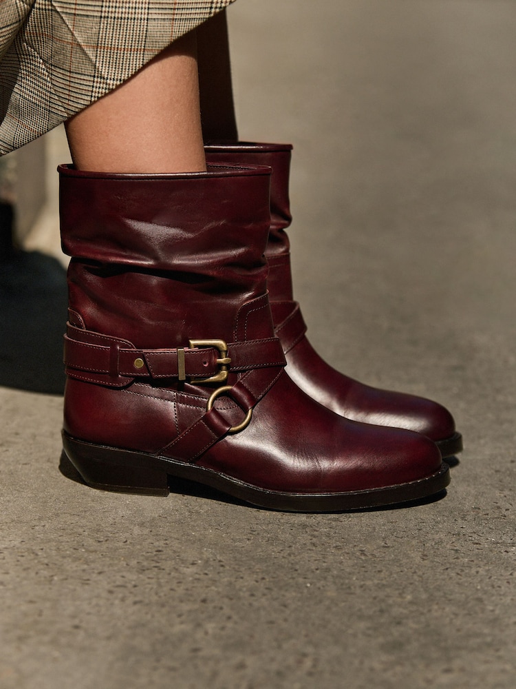 Burgundy Red Leather Harness Buckle Slouch Ankle Boots - Image 1 of 4 Burgundy Red Leather Harness Buckle Slouch Ankle Boots - Image 1 of 4