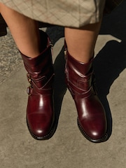 Burgundy Red Leather Harness Buckle Slouch Ankle Boots - Image 3 of 4