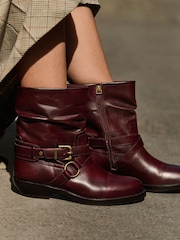 Burgundy Red Leather Harness Buckle Slouch Ankle Boots - Image 4 of 4
