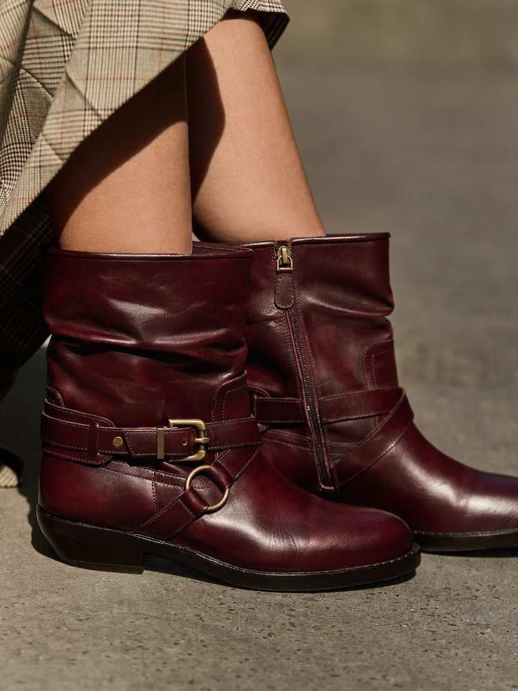 Burgundy Red Leather Harness Buckle Slouch Ankle Boots - Image 4 of 4 Burgundy Red Leather Harness Buckle Slouch Ankle Boots - Image 4 of 4