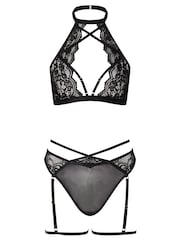 Ann Summers Black Rosella Lace Halterneck Crotchless Lingerie Bra Knickers and Suspender Set - Image 5 of 5