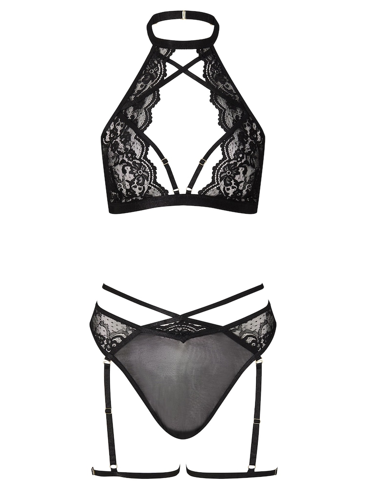 Ann Summers Black Rosella Lace Halterneck Crotchless Lingerie Bra Knickers and Suspender Set - Image 5 of 5