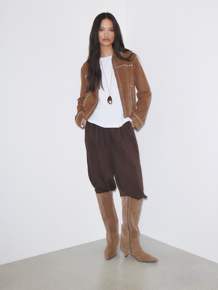 Taupe/Tan N. Premium Knee High Chisel Toe Kitten Heel Boots - Image 2 of 4