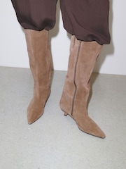 Taupe/Tan N. Premium Knee High Chisel Toe Kitten Heel Boots - Image 3 of 4