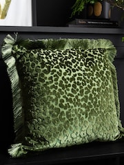 Rockett St George Green Leopard Love Cut Velvet Fringe Cushion - Image 1 of 4