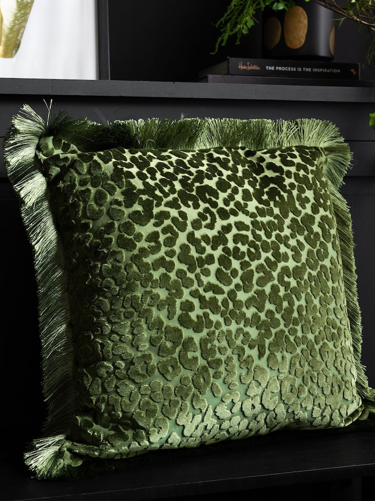 Rockett St George Green Leopard Love Cut Velvet Fringe Cushion - Image 1 of 4 Rockett St George Green Leopard Love Cut Velvet Fringe Cushion - Image 1 of 4