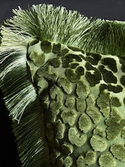 Rockett St George Green Leopard Love Cut Velvet Fringe Cushion - Image 2 of 4