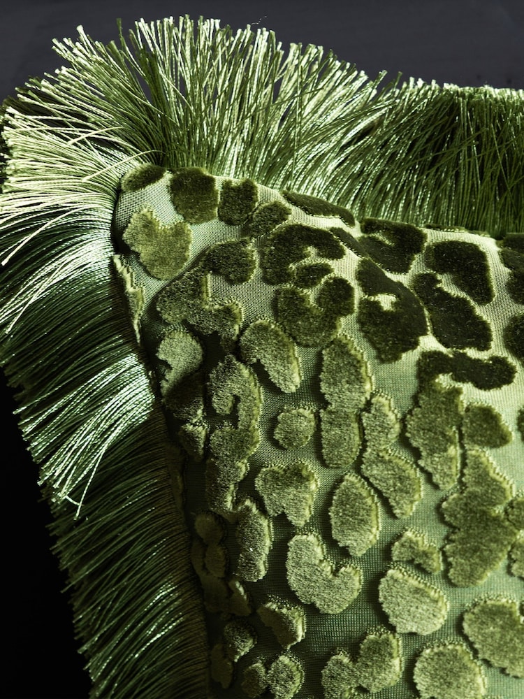 Rockett St George Green Leopard Love Cut Velvet Fringe Cushion - Image 2 of 4 Rockett St George Green Leopard Love Cut Velvet Fringe Cushion - Image 2 of 4