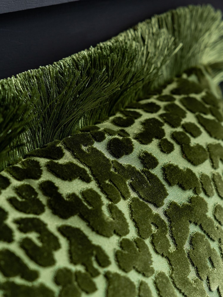 Rockett St George Green Leopard Love Cut Velvet Fringe Cushion - Image 4 of 4 Rockett St George Green Leopard Love Cut Velvet Fringe Cushion - Image 4 of 4