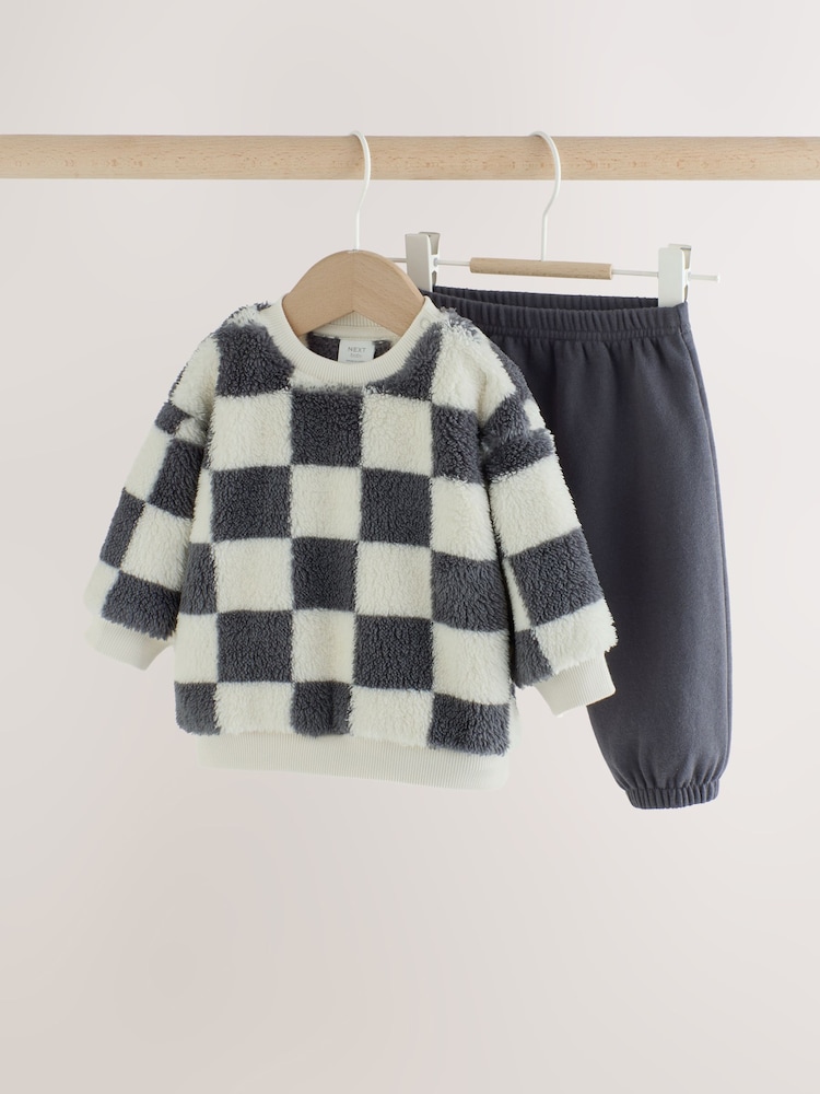 Grey Checkerboard Fleece Top and Joggers Baby Set (0mths-2yrs) - Image 1 of 13 Grey Checkerboard Fleece Top and Joggers Baby Set (0mths-2yrs) - Image 1 of 13