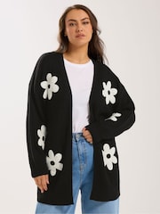Yours Curve Black 3D Floral Midi Cardigan - Image 1 of 5