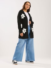 Yours Curve Black 3D Floral Midi Cardigan - Image 2 of 5