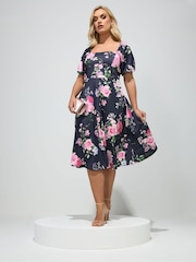 Yours Curve Blue London Floral Square Neck Skater Dress - Image 1 of 5