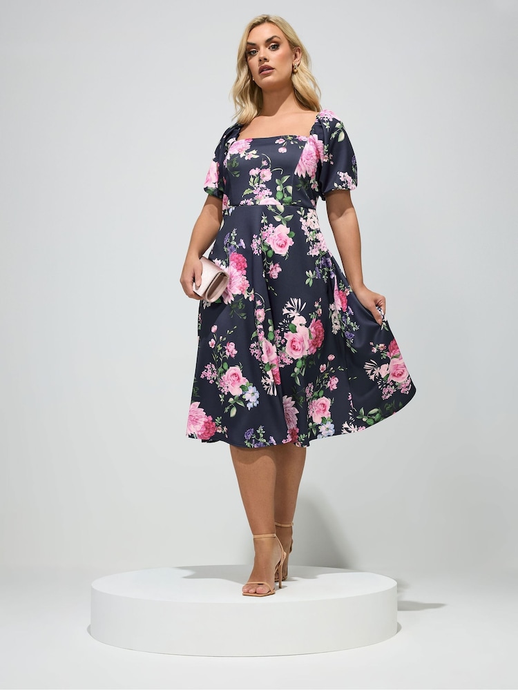 Yours Curve Blue London Floral Square Neck Skater Dress - Image 1 of 5 Yours Curve Blue London Floral Square Neck Skater Dress - Image 1 of 5