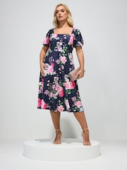 Yours Curve Blue London Floral Square Neck Skater Dress - Image 2 of 5