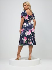 Yours Curve Blue London Floral Square Neck Skater Dress - Image 3 of 5