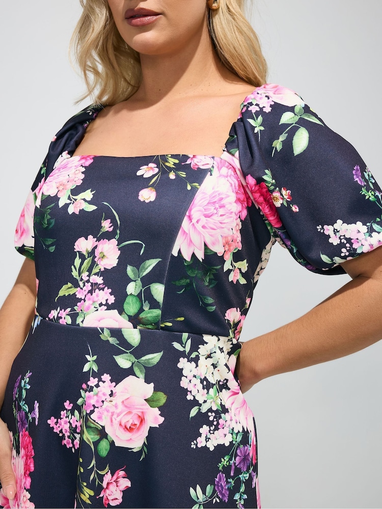 square neck skater dress with sleeves Blue Stripe Puff Sleeve Square Neck Skater Dress