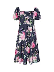Yours Curve Blue London Floral Square Neck Skater Dress - Image 5 of 5