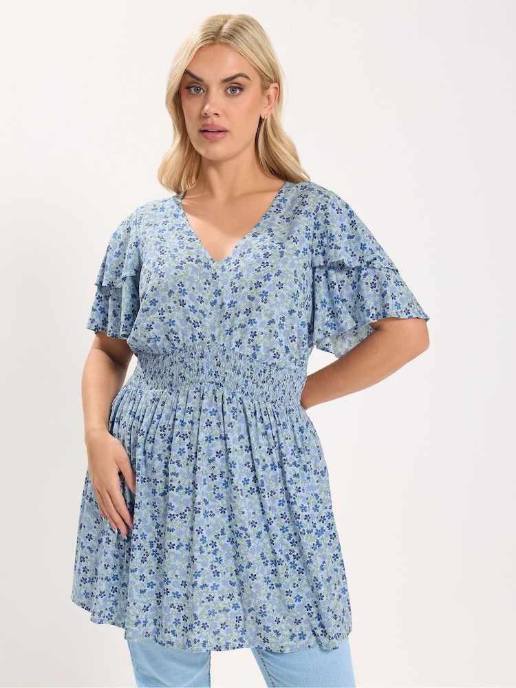 Yours Curve Blue Flutter Sleeve Top - Image 1 of 5