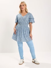 Yours Curve Blue Flutter Sleeve Top - Image 2 of 5