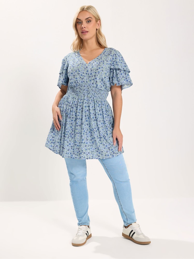 Yours Curve Blue Flutter Sleeve Top - Image 2 of 5