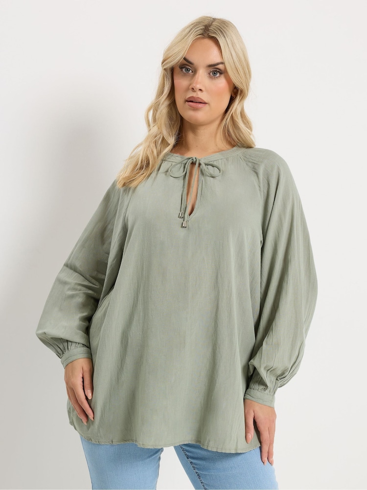 Yours Curve Green Boho Long Sleeve Tie Neck Blouse - Image 1 of 1