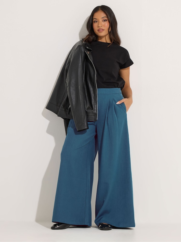 PixieGirl Petite Blue Pleated Front Palazzo Trousers - Image 1 of 6