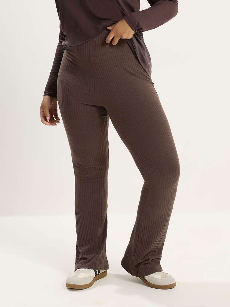 Yours Curve Brown Ribbed Flare Leggings - Image 1 of 5