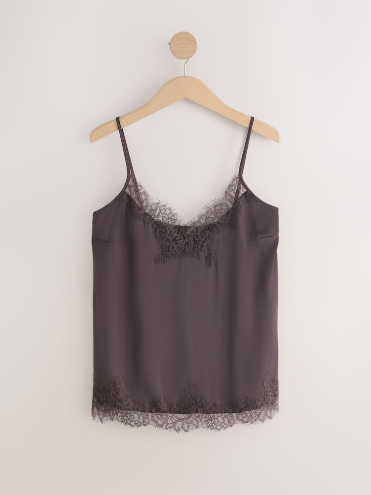 Marrón chocolate - Top camisola de satén con ribete de encaje - Imagen 1 de 3 Marrón chocolate - Top camisola de satén con ribete de encaje - Imagen 1 de 3