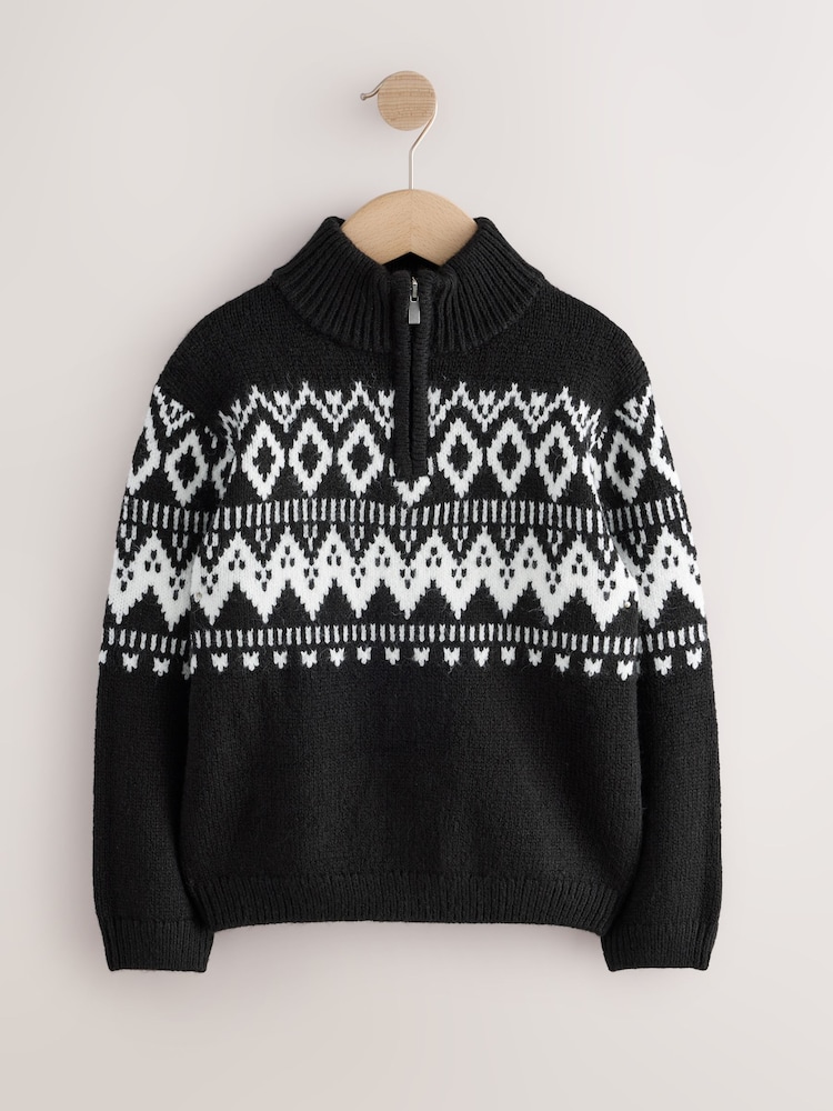 Schwarz/Weiß - Pullover mit Reißverschlusskragen und Norwegermuster (3–16Jahre) - Bild 1 von 4