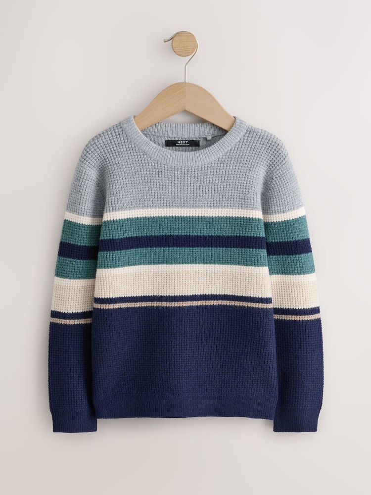 Grey/Blue Stripe Knitted Crew Neck Jumper (3-16yrs) - Image 1 of 4 Grey/Blue Stripe Knitted Crew Neck Jumper (3-16yrs) - Image 1 of 4