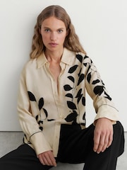 Reiss Ivory/Black Lyla Leaf-Print Jacquard Long-Sleeve Shirt - Image 1 of 6