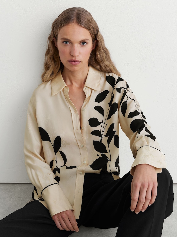 Reiss Ivory/Black Lyla Leaf-Print Jacquard Long-Sleeve Shirt - Image 1 of 6