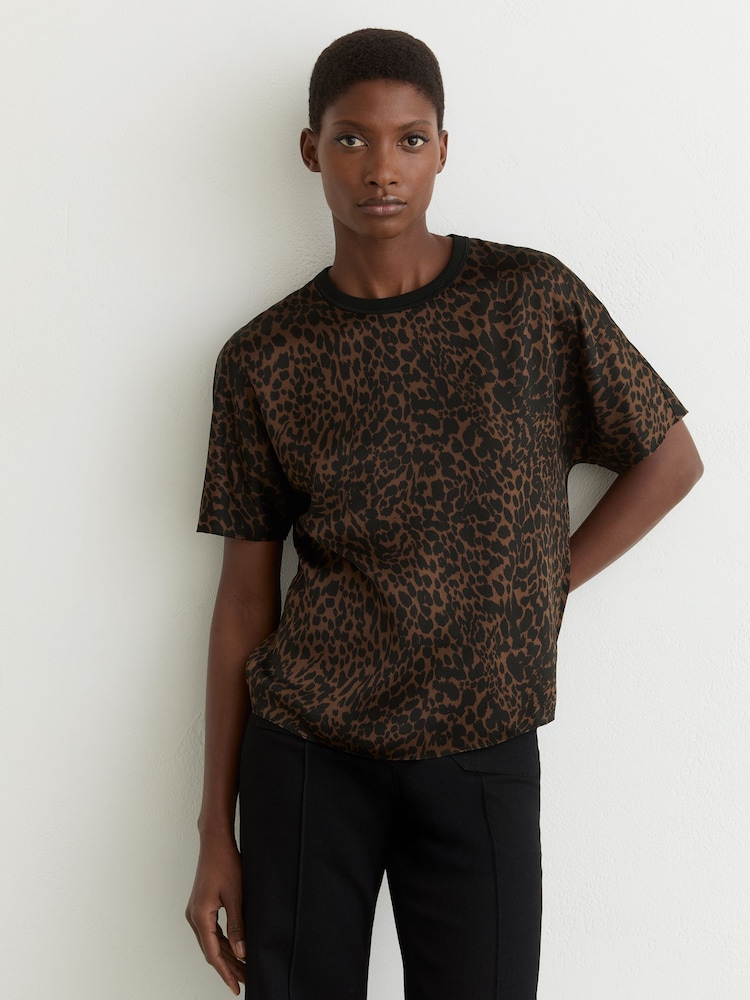 Reiss Black/Brown Lena Silk Animal-Print Short-Sleeve Top - Image 1 of 6