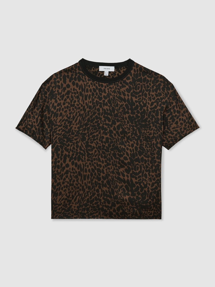 Reiss Black/Brown Lena Silk Animal-Print Short-Sleeve Top - Image 2 of 6