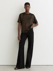 Reiss Black/Brown Lena Silk Animal-Print Short-Sleeve Top - Image 3 of 6