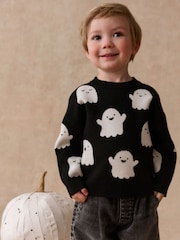 Black/White Ghost Halloween Knitted Crew Neck Jumper (3mths-7yrs) - Image 1 of 4