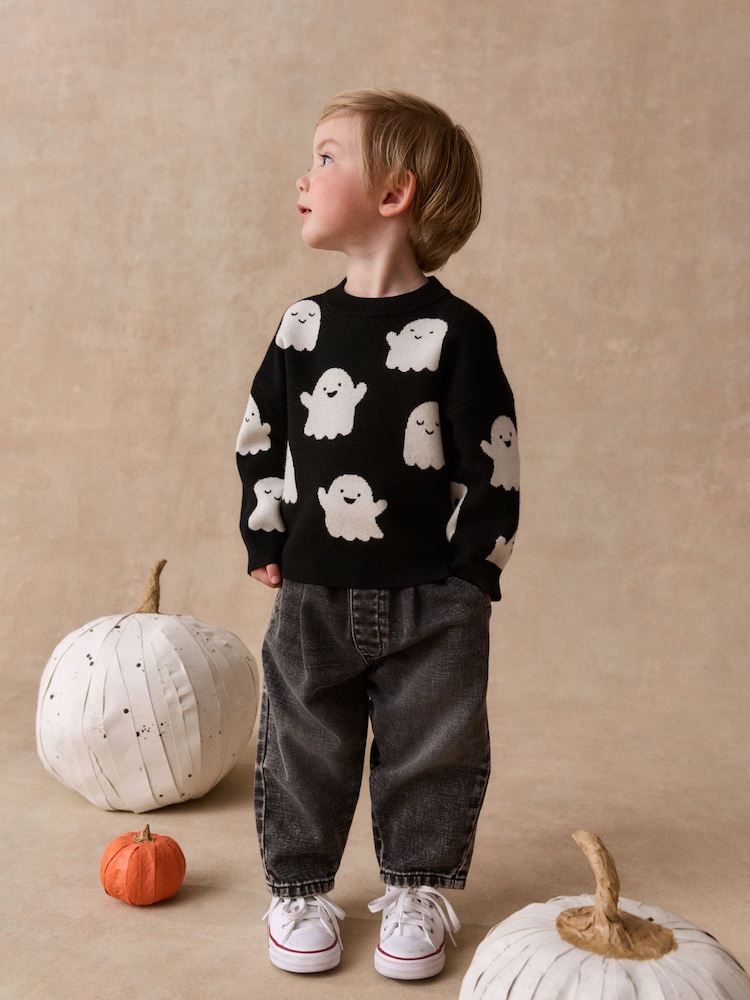 Black/White Ghost Halloween Knitted Crew Neck Jumper (3mths-7yrs) - Image 2 of 4 Black/White Ghost Halloween Knitted Crew Neck Jumper (3mths-7yrs) - Image 2 of 4