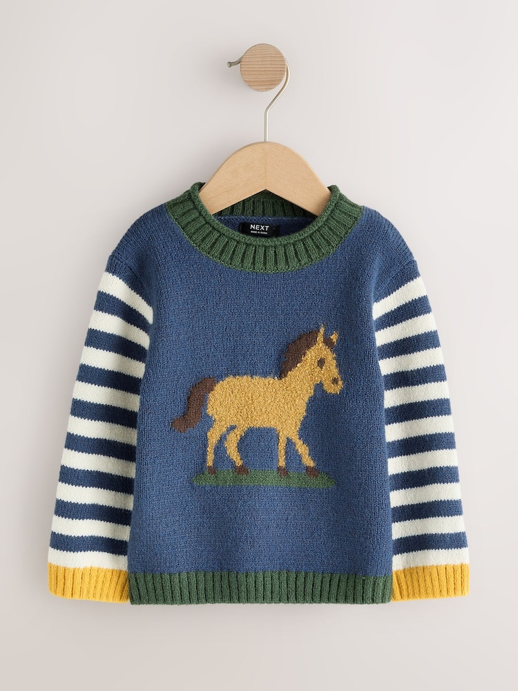 Navy Blue Horse Character Knitted Crew Neck Jumper (3mths-7yrs) - Image 1 of 4 Navy Blue Horse Character Knitted Crew Neck Jumper (3mths-7yrs) - Image 1 of 4