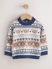 Crème/bleu marine - Pull à col rond tricoté à motif de personnage (3mois -7an) - Image 1 de 4