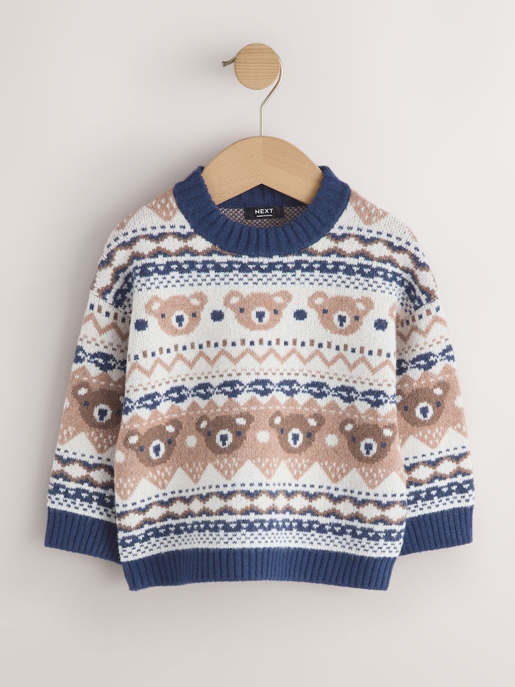 Crème/bleu marine - Pull à col rond tricoté à motif de personnage (3mois -7an) - Image 1 de 4