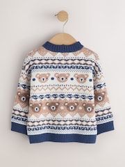 Crème/bleu marine - Pull à col rond tricoté à motif de personnage (3mois -7an) - Image 2 de 4