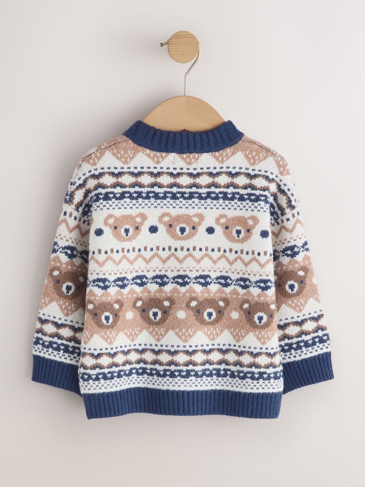 Crème/bleu marine - Pull à col rond tricoté à motif de personnage (3mois -7an) - Image 2 de 4