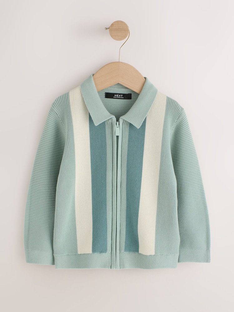 Blue Stripe Knitted Zip Through Polo Shirt (3mths-7yrs) - Image 1 of 5 Blue Stripe Knitted Zip Through Polo Shirt (3mths-7yrs) - Image 1 of 5