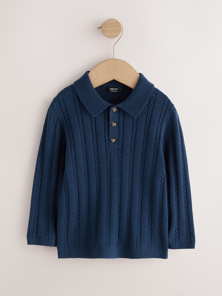 Navy Cable Knit Polo Shirt (3mths-7yrs) - Image 1 of 4