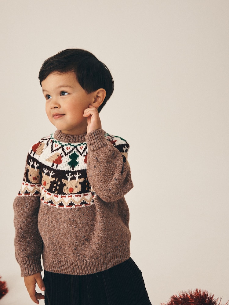 Brown Fairisle Reindeer - Christmas Crew Neck Jumper (3mths-7yrs) - Larawan 1 ng 4