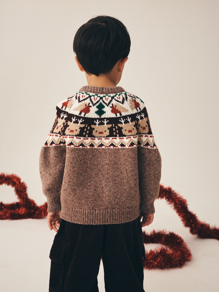 Brown Fairisle Reindeer - Christmas Crew Neck Jumper (3mths-7yrs) - Larawan 2 ng 4
