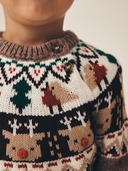 Brown Fairisle Reindeer - Christmas Crew Neck Jumper (3mths-7yrs) - Larawan 4 ng 4
