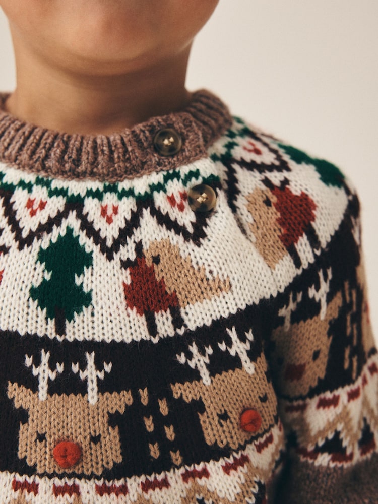 Brown Fairisle Reindeer - Christmas Crew Neck Jumper (3mths-7yrs) - Larawan 4 ng 4
