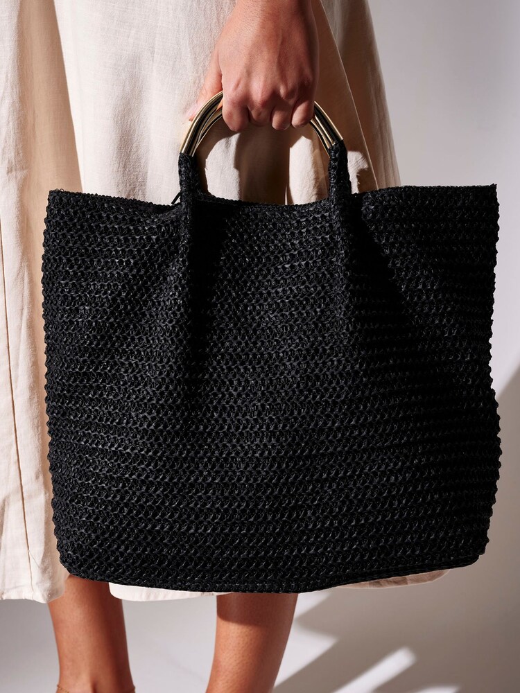 South Beach Black Straw Gold Handle Lined Shoulder Bag - Image 2 of 4